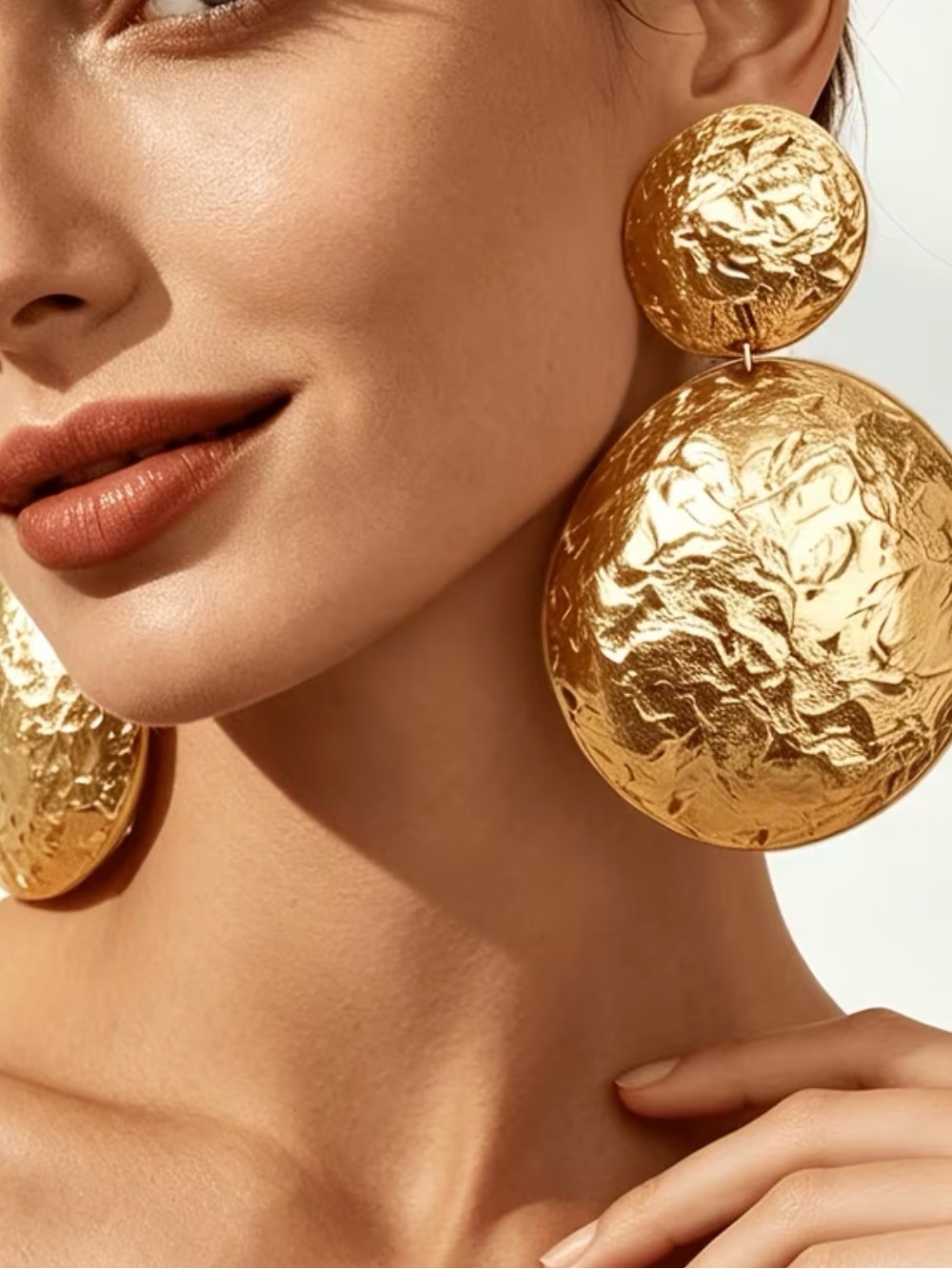 Gold Textured Double Disc Statement Earrings -